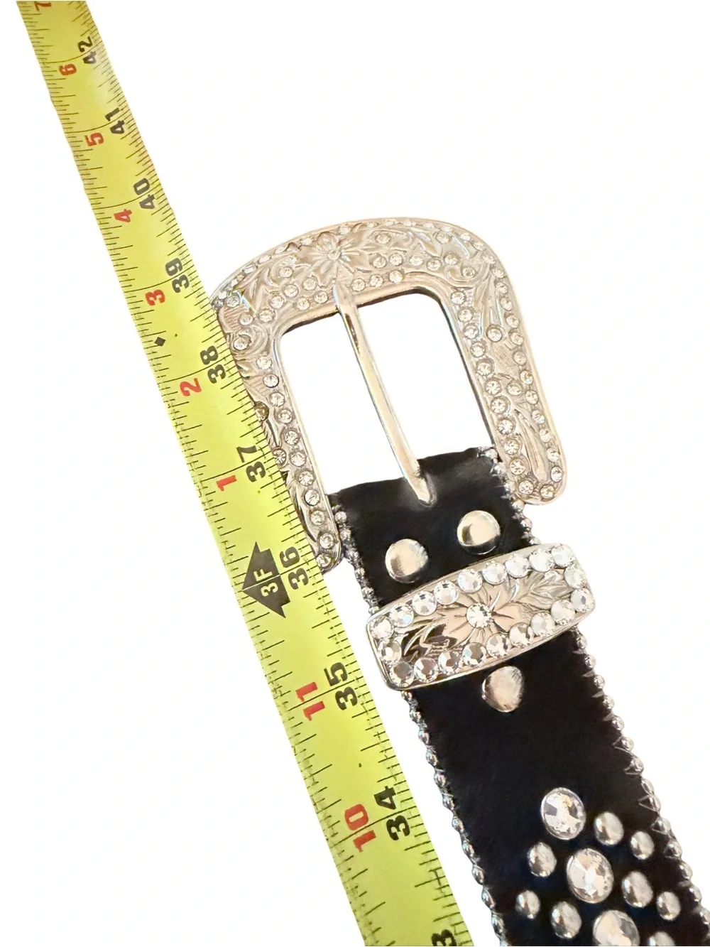 bb Simon Crystal Rhinestone Studded Leather Belt Black Silver Western Medium